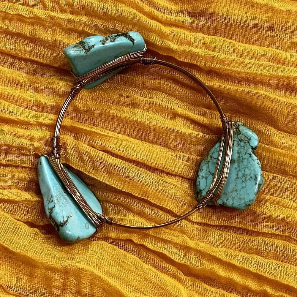 Handcrafted Copper Wire Bangle Bracelet Raw Turquoise Stones - Picture 3 of 7